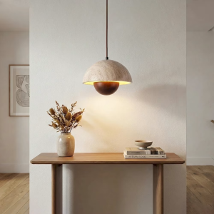 Travertine & Wood Dome Pendant Light, model HPL-000462