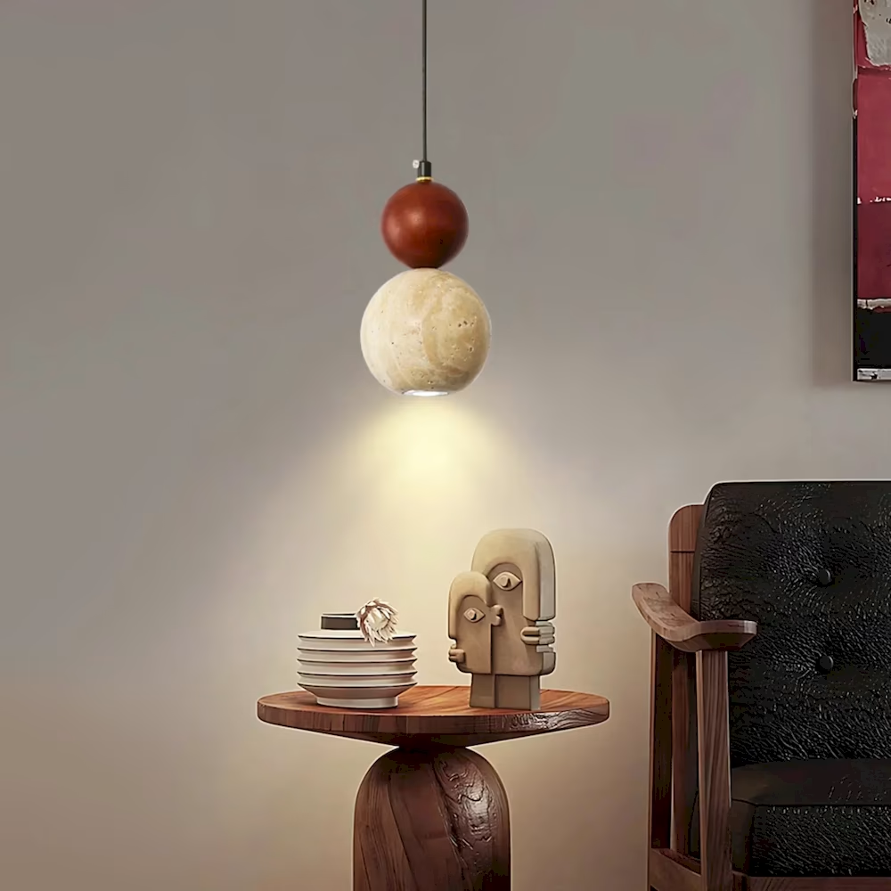 Travertine & Wood Sphere Pendant Light, model HPL-000467