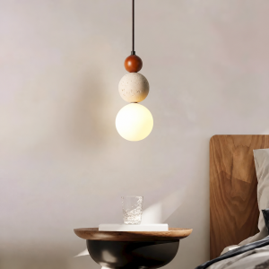 Travertine & Wood Sphere Globe Pendant Light, model HPL-000468