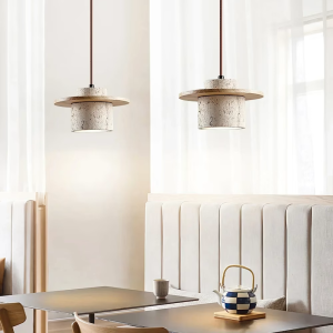 Travertine & Wood Drum Disc Pendant Light, model HPL-000469