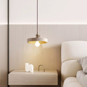 Travertine & Wood Disc Bowl Pendant Light, model HPL-000470
