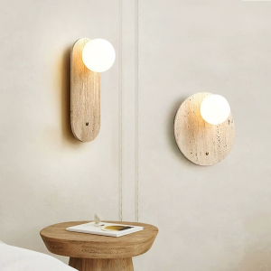 Travertine & Glass Round Wall Sconce, model HPL-000474