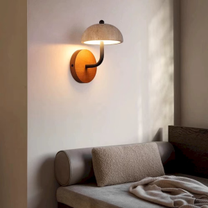 Travertine & Wood Mushroom Dome Wall Sconce, model HPL-000475