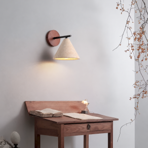 Travertine & Wood Cone Wall Sconce, model HPL-000480