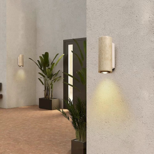 Travertine & Wood Cylinder Wall Sconce, model HPL-000481