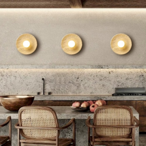 Travertine & Glass Round Disc Wall Sconce, model HPL-000483