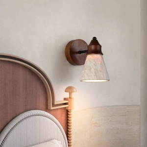 Travertine & Wood Cone Wall Sconce, model HPL-000484