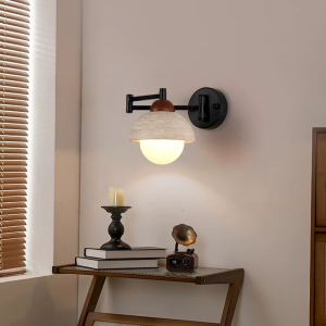 Travertine & Wood Wall Sconce, model HPL-000485