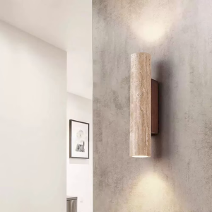 Travertine & Wood Cylinder Wall Sconce, model HPL-000487