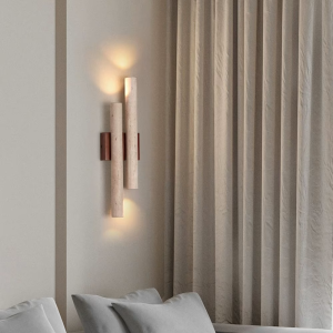Travertine & Wood Wall Sconce, model HPL-000488