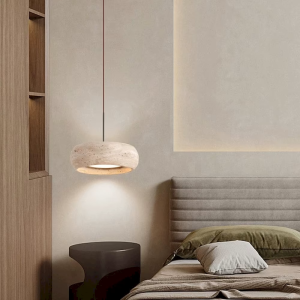 Travertine & Wood Ring Pendant Light, model HPL-000493