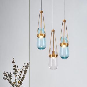 Glass & Brass Teardrop Cage Pendant Light, model HPL-000508