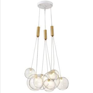 HPL-000511 bubble-cluster glass chandelier with brass cylindrical fittings and a white canopy; model-level reference