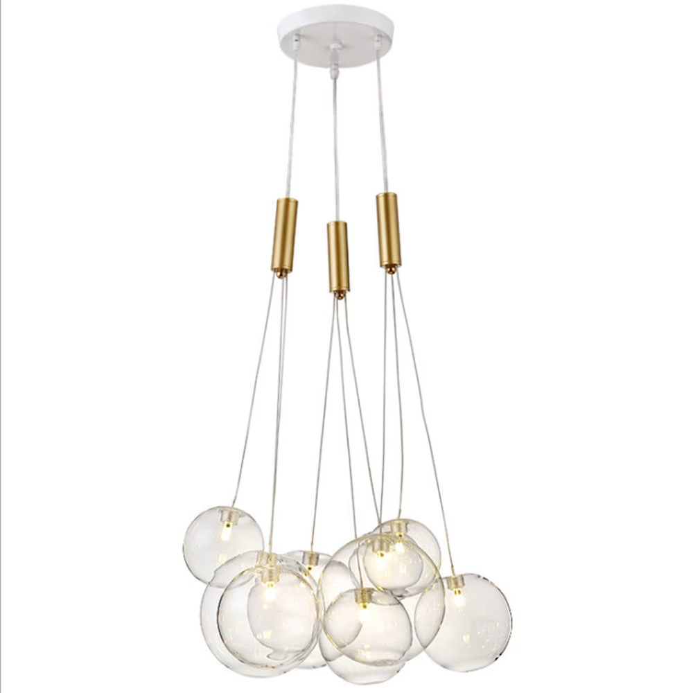 HPL-000511 bubble-cluster glass chandelier with brass cylindrical fittings and a white canopy; model-level reference