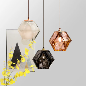 Glass & Copper Hexagonal Faceted Pendant Light, model HPL-000521