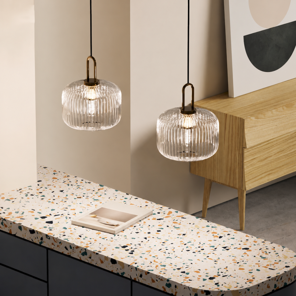 Glass & Brass Ribbed Pendant Light, model HPL-000541