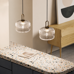 Glass & Brass Ribbed Pendant Light, model HPL-000541