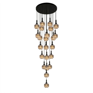Spiral ribbed-glass globe chandelier with a black round canopy