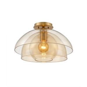 Three-layer glass semi-flush ceiling light with a brass mount