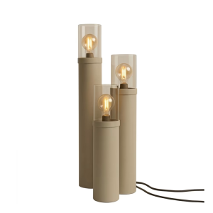 Three metal tube floor lamps showing the available height options and amber glass tops