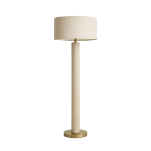 Cream column floor lamp with a fabric drum shade and a gold-toned disc base