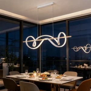 White wave-form LED chandelier, model HPL-000955, with a gold-tone linear bar and a rectangular ceiling canopy