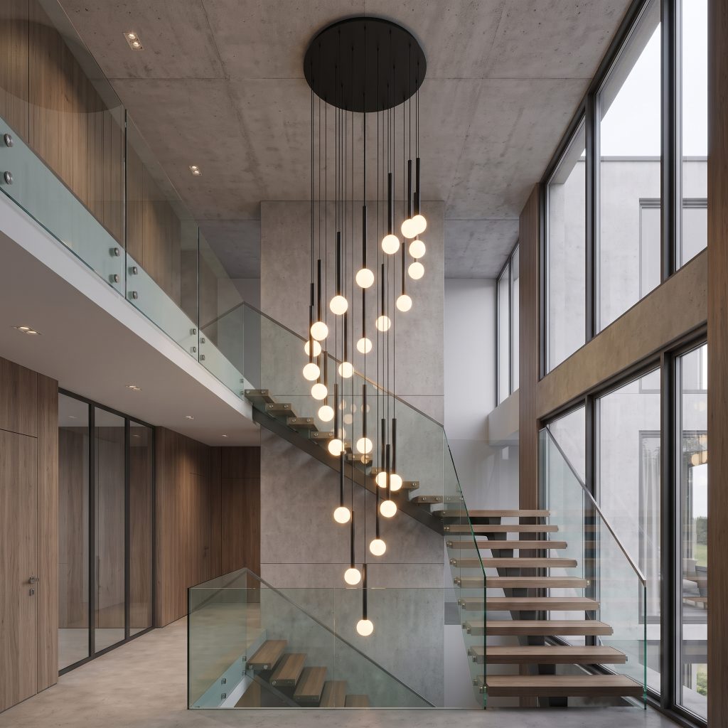 Multi-drop globe pendants in a double-height stairwell