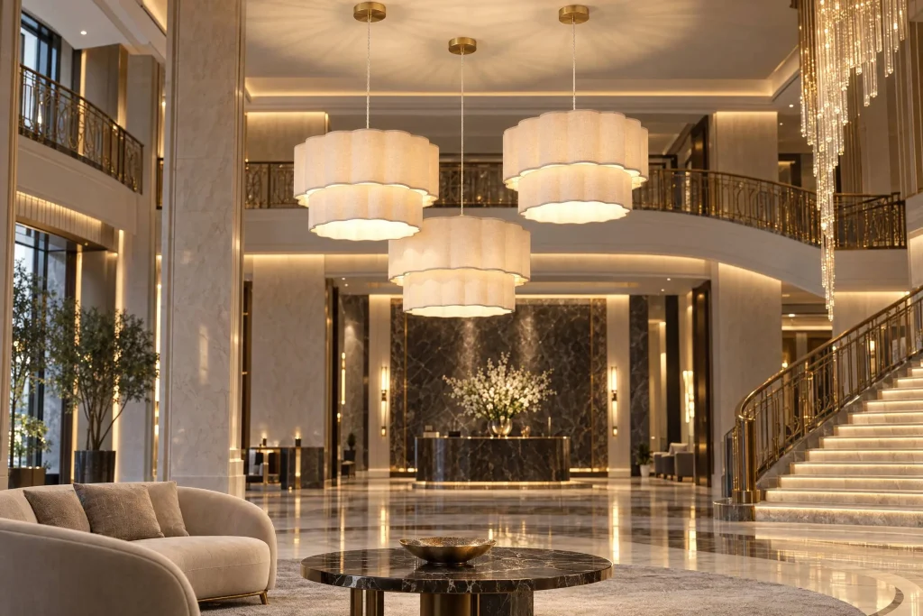 Layered fabric pendants above a lobby seating area