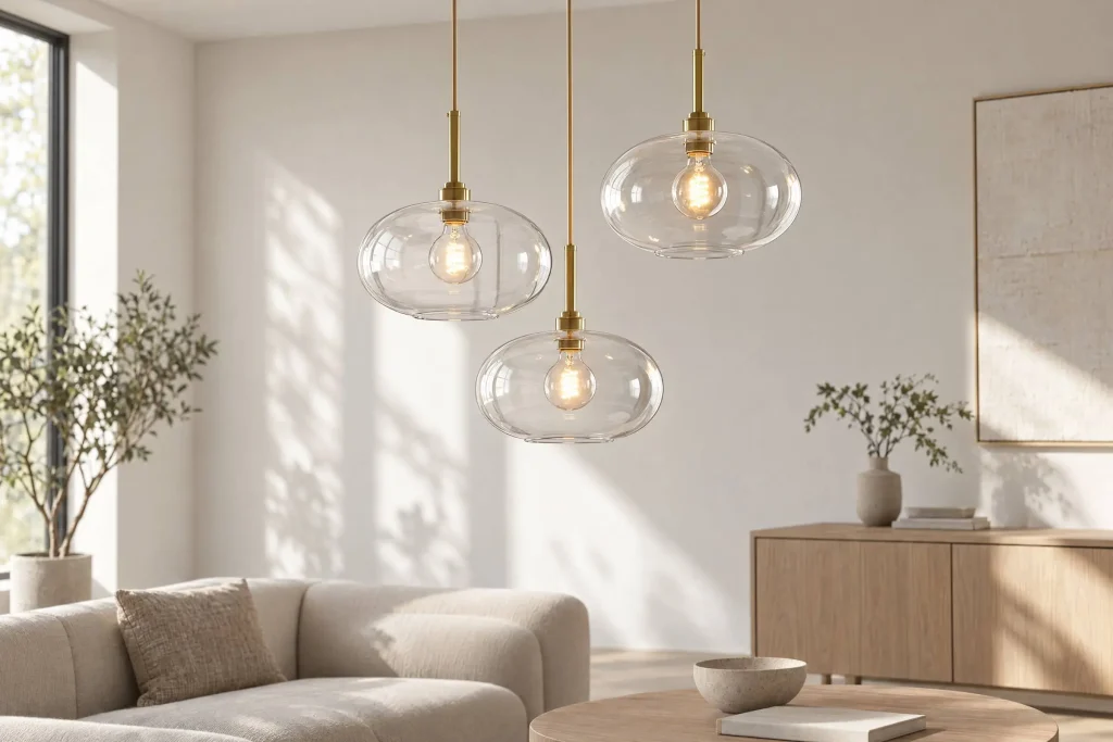 Three clear-glass pendants above a living-room seating area