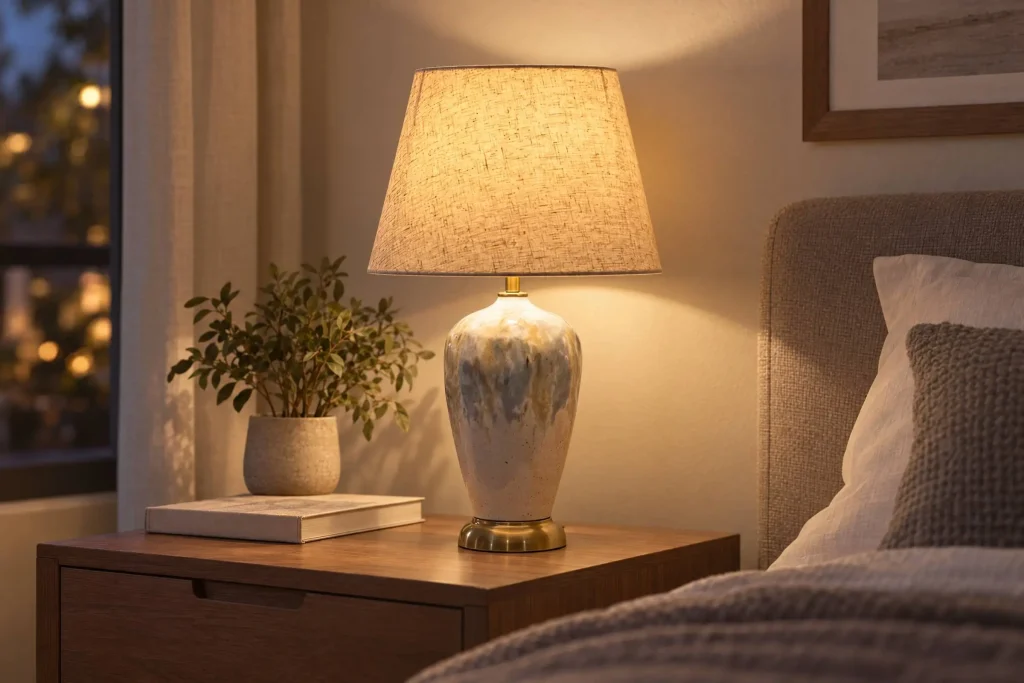 A fabric-shade table lamp beside an upholstered bed