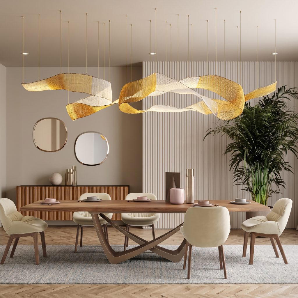 Sculptural ribbon lighting above a dining table