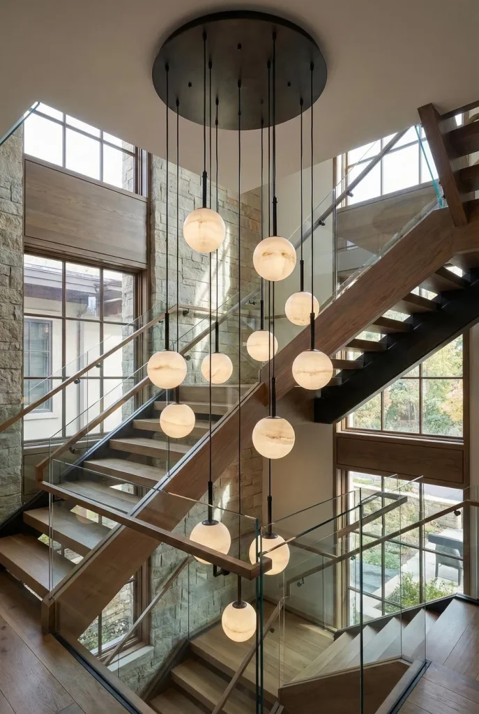 Stone-veined globe pendants in a double-height stairwell