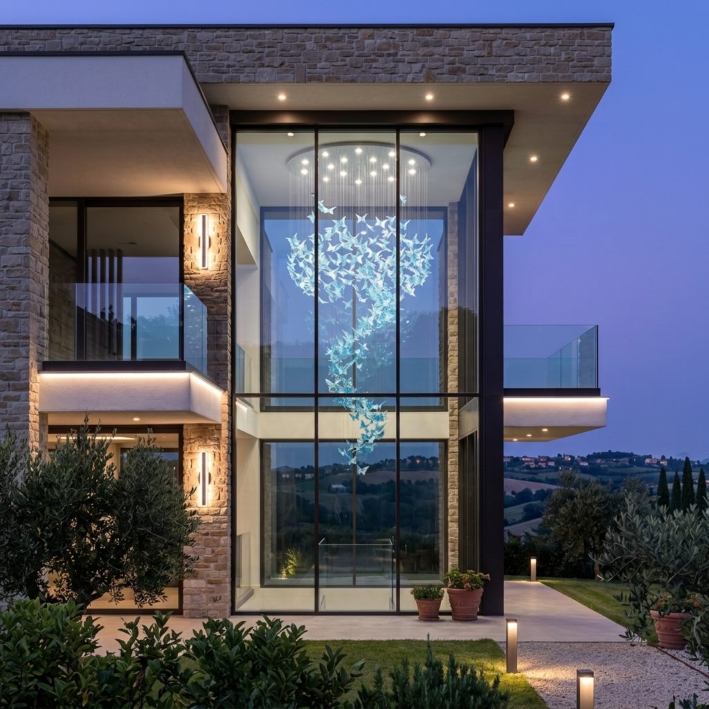 Bird-shaped suspended lighting behind full-height glazing