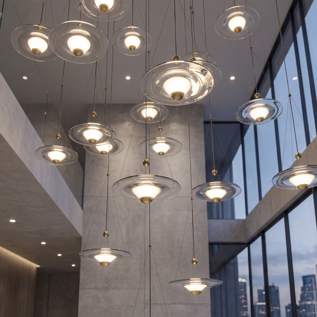 Multi-drop glass pendants beside full-height windows