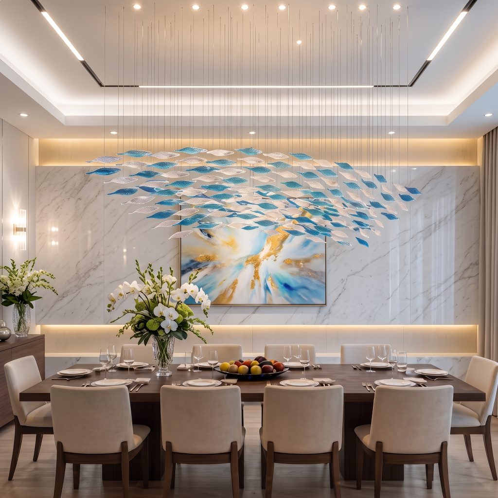 Blue and white suspended glass elements above a dining table