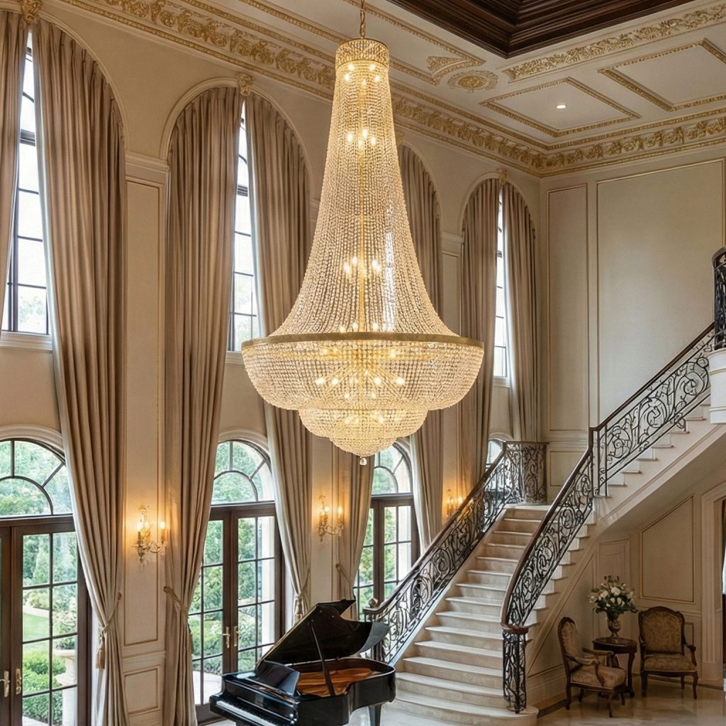 A tall crystal-style chandelier in a double-height foyer